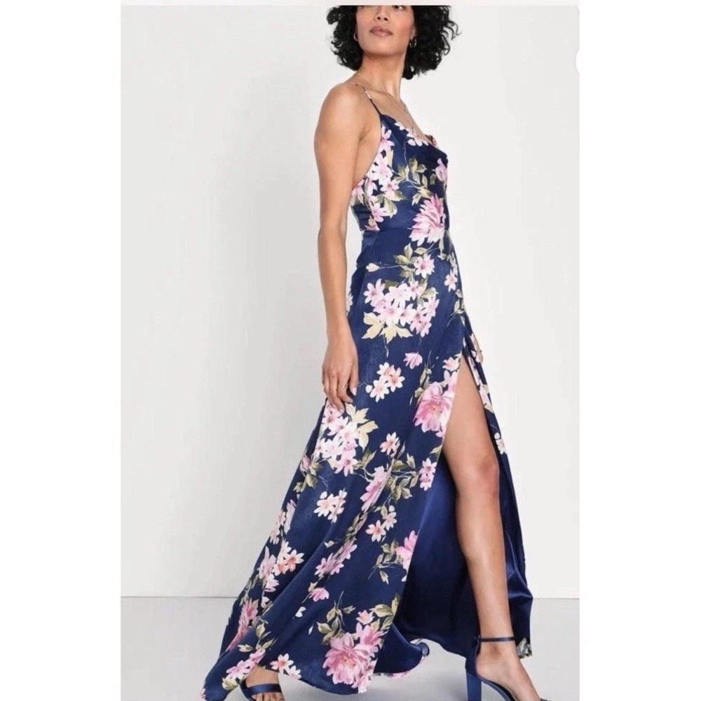Lulus Love of Romance Navy Floral Satin Maxi Dress Cowl Neck Slit Size L NWT - Picture 2 of 7